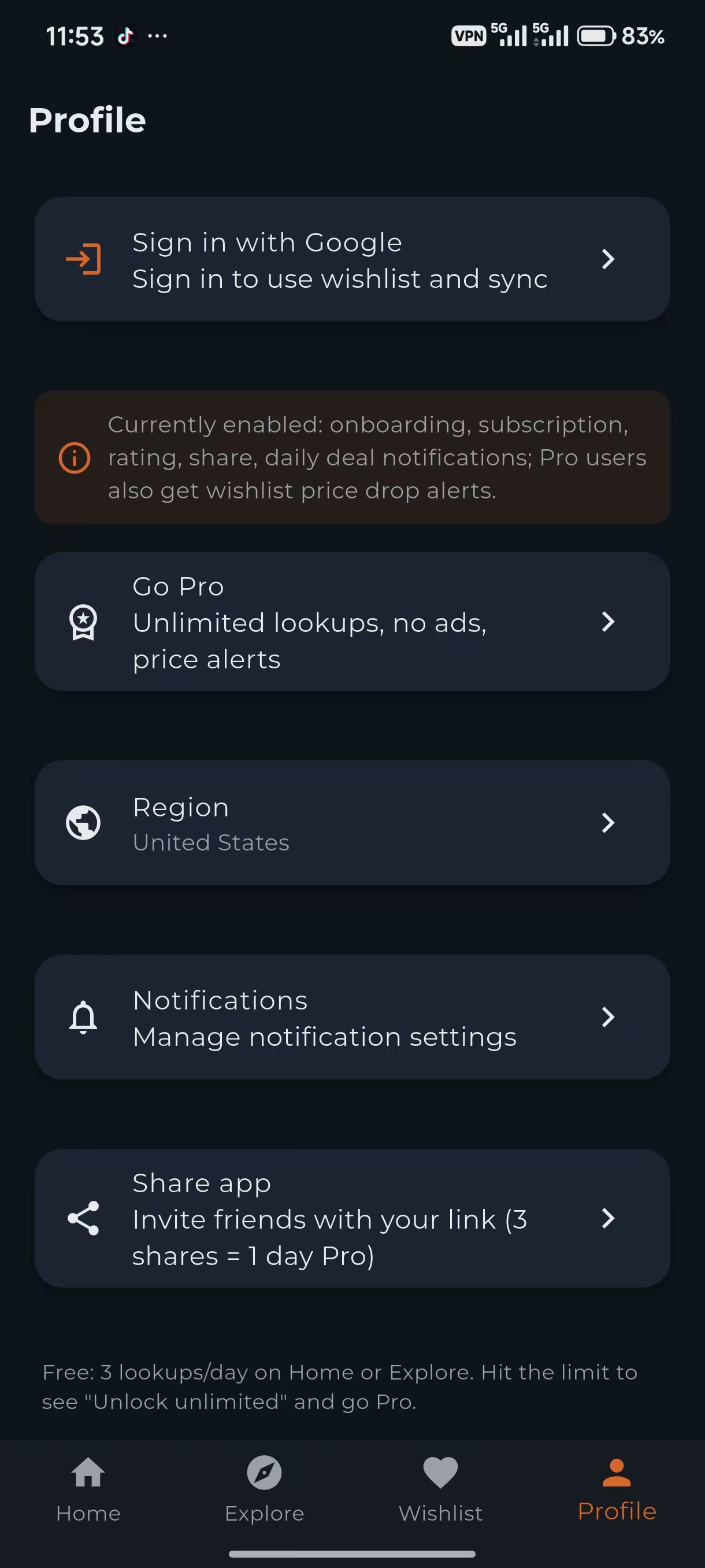 Profile and notification settings